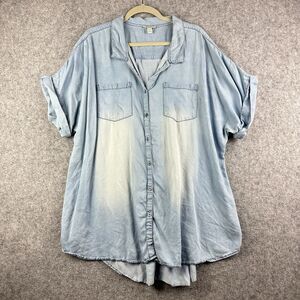 Cato Blue Chambray Top Shirt Womens 22/24 Light Distressed Wash Cuffed Button*
